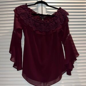 White House Black Market wine‎ maroon long sleeve ruffle top women’s size S
